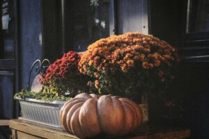 Fall porch pumpkin decor ideas with mums and pumpkins on steps